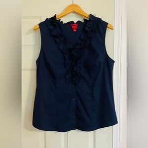 Beautiful Navy Sleeveless Top with Ruffle Collar